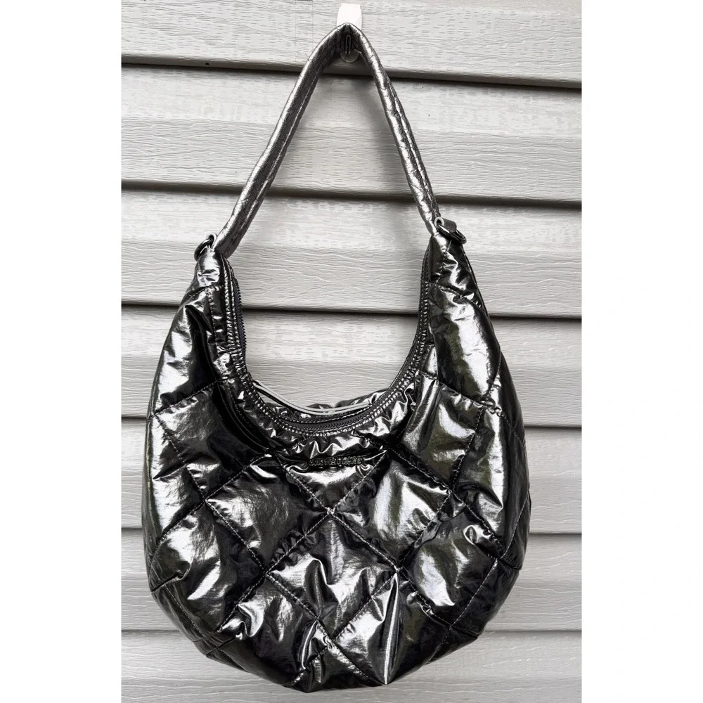MZ WALLACE Madison Shoulder Bag Quilted Nylon Bag ~NWOT~ Gray Metallic